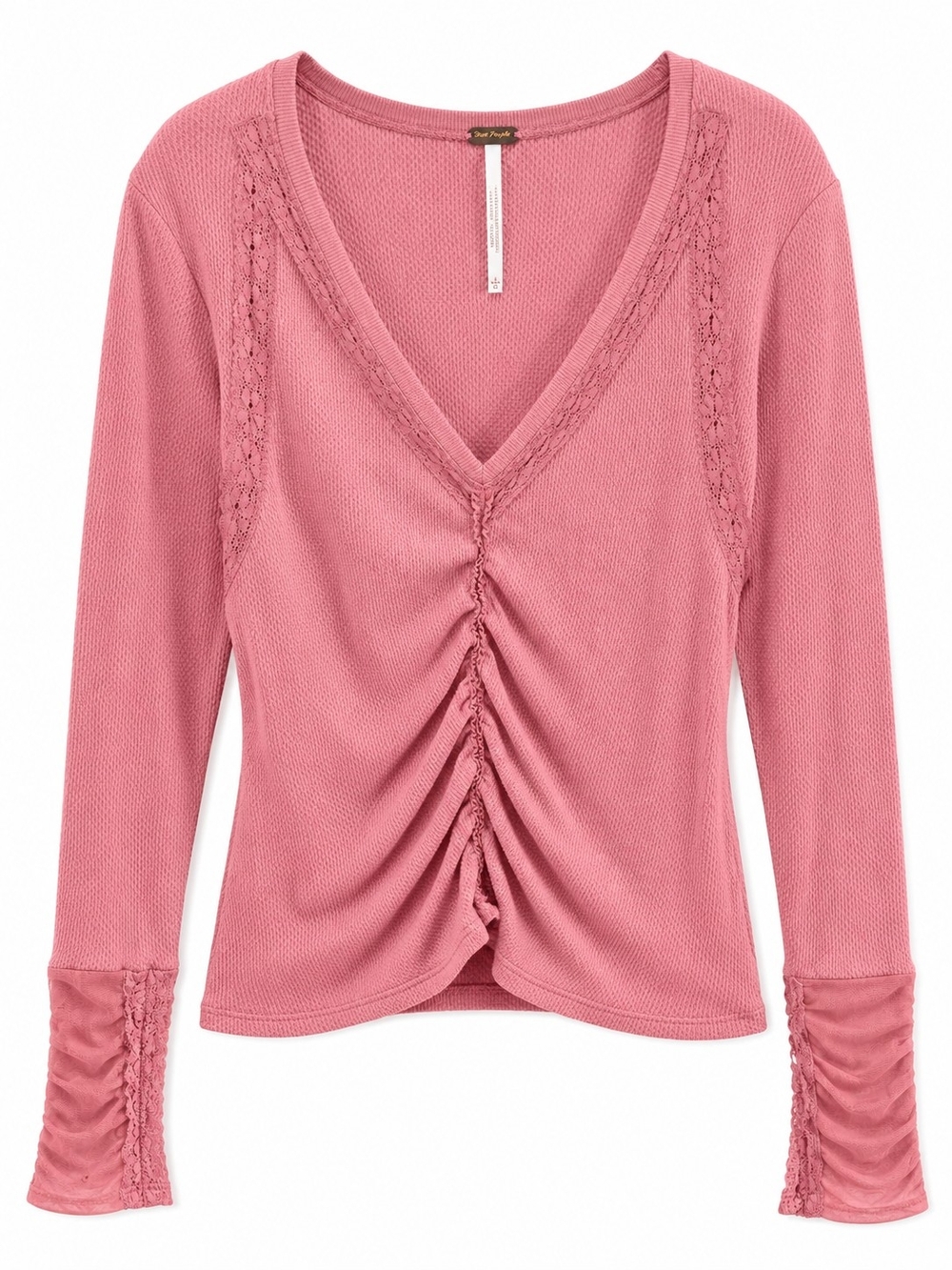 Free People Pink Thermal Knit Long Sleeve Top Ruched Boho Top Size L